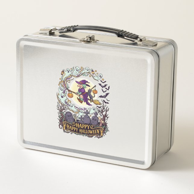 Lunch Box Joyeux Halloween Balai de Sorcière Chat Noir Fantô (Devant)