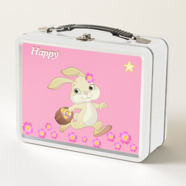 Lunch Box Lapin heureux mignon, fleurs et étoile sur fond ro (Devant)