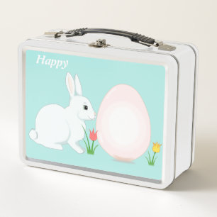 Lunch Box Lapin heureux, œuf et fleurs sur fond bleu clair