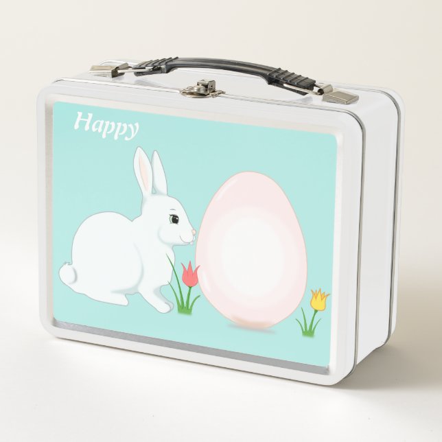 Lunch Box Lapin heureux, œuf et fleurs sur fond bleu clair (Devant)