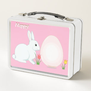 Lunch Box Lapin heureux, œuf et fleurs sur fond rose