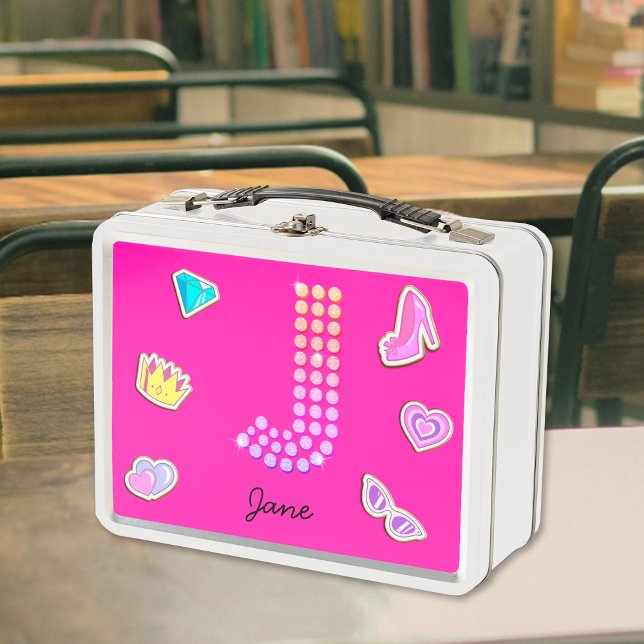 Lunch Box Lettre Rose Chaude J Monogram Girly Retour À L'Éco (Front)