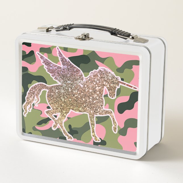 Lunch Box Licorne Camouflage Vert Rose & Paillettes Dorées (Devant)