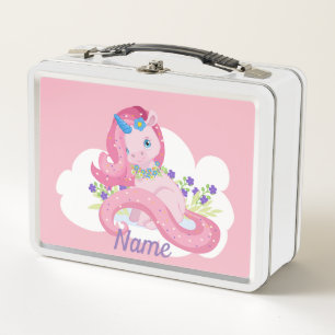 Lunch Box Licorne rose sur un nuage avec des fleurs violette