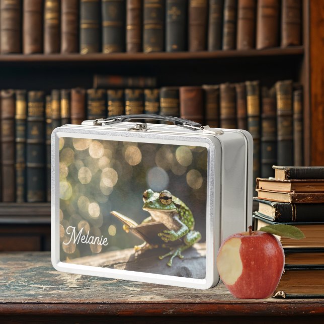 Lunch Box Livre de lecture de grenouille géante Cottagecore (Whimsical Dark Academia Reading Frog Library Metal Lunch Tin Student Lunch Box Study Break Snacks)