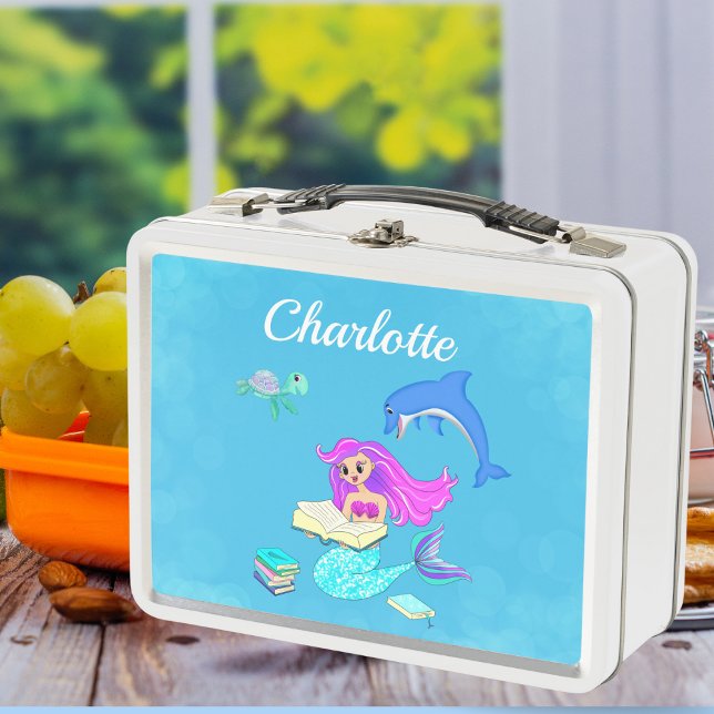 Lunch Box Livres de lecture de sirènes étincelantes Personna (Take a dip into imagination with our Sparkling Mermaid Reading Books Personalized Metal Lunch Box!)