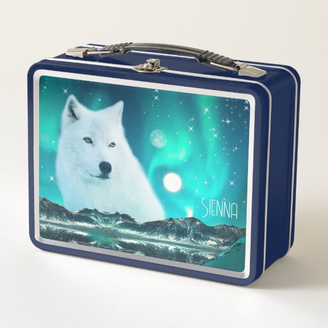 Lunch Box Loup arctique et nuit magique avec aurores boréale (Devant)