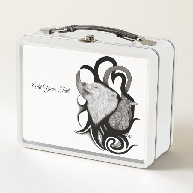 Lunch Box Loup Blanc avec Art Tribal du Corbeau (Devant)