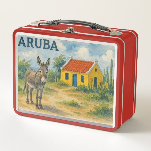 Lunch Box Maison cunucu jaune d'Aruba à l'aquarelle avec âne (Devant)