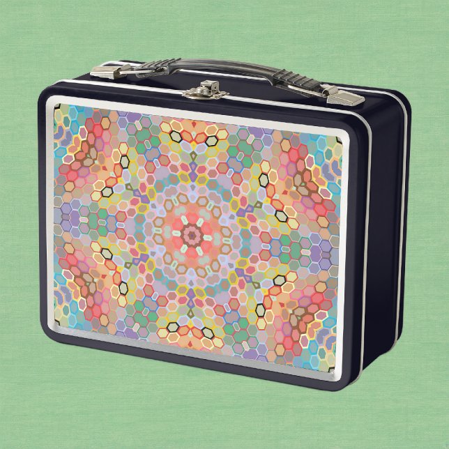 Lunch Box Mandala arc-en-ciel en hexagone (Rainbow Hexagon Mandala Metal Lunch Box by Wormhole Orbital)