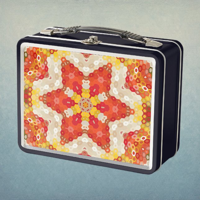 Lunch Box Mandala Hexagone Rouge et Jaune (Red and Yellow Hexagon Mandala Metal Lunchbox by Wormhole Orbital)