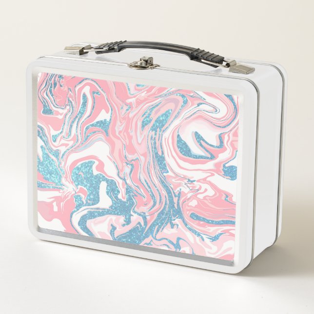 Lunch Box Marbre de Parties scintillant bleu rose moderne (Devant)