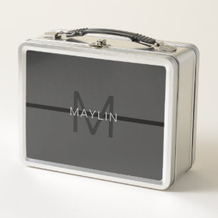 Lunch Box Masculine élégant gris foncé Nom et monogramme