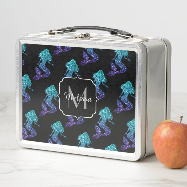 Lunch Box Mermaid aqua bleu ombre motif Monogramme (En situation)