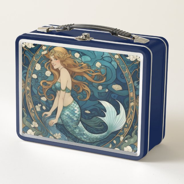 Lunch Box Mermaid Art Nouveau Art Déco Style Bleu (Devant)