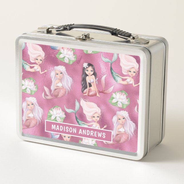 Lunch Box Mermaid Girly Chic Metallic Rose Nom personnalisé (Devant)