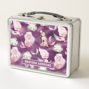 Lunch Box Mermaid Girly Metallic Purple Nom Personnalisé