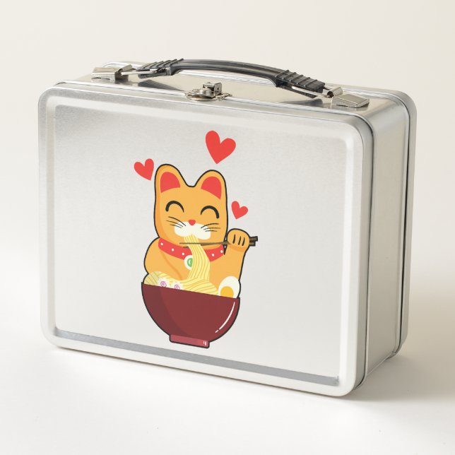 Lunch Box mignon Chat manger Ramen nouilles, Cadeau Amoureux (Devant)