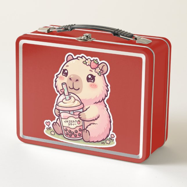 Lunch Box Mignon Chibi Capybara Fraise Boba Kawaii Métal L (Devant)
