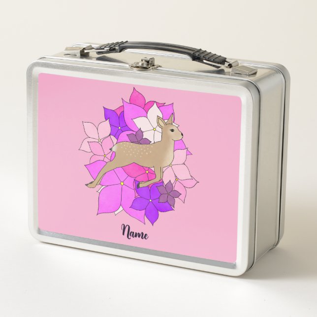 Lunch Box Mignon faon personnalisé avec fleurs roses (Devant)