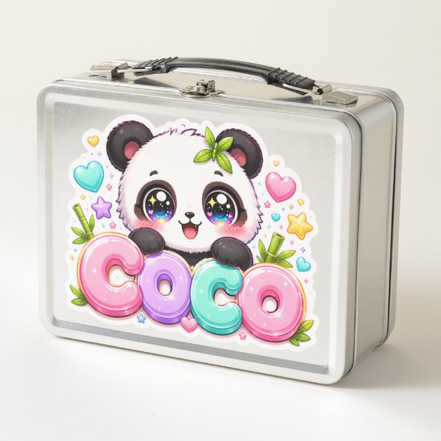 Lunch Box Mignon Kawaii Coco Panda Nom Pastel Rose Étincelan (Devant)