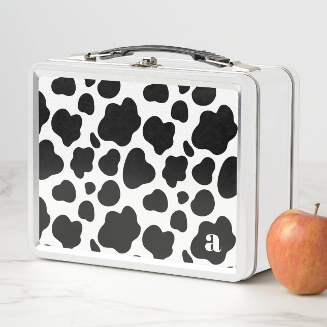 Lunch Box Mignon motif vache noir et blanc moderne avec mono (En situation)