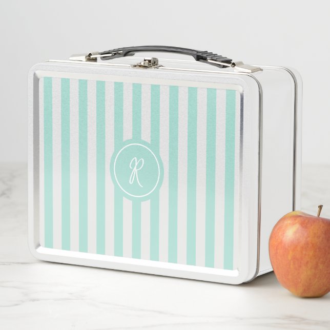 Lunch Box Mint French Beach Stripe Personnalisé Monogramme (En situation)