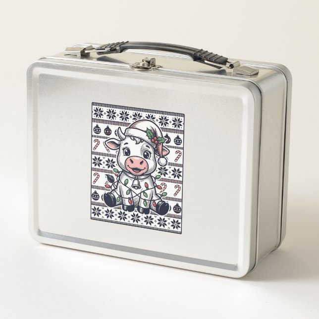 Lunch Box Modèle de pull moche de Noël de vache gravée vinta (Devant)
