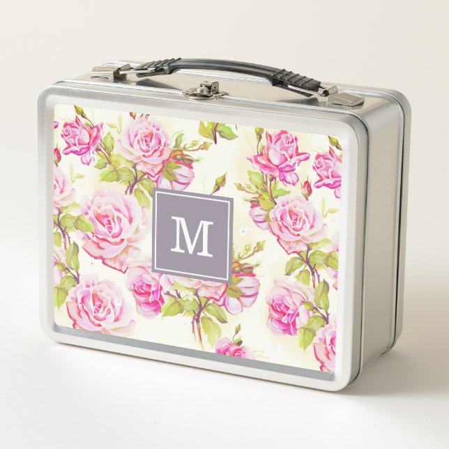 Lunch Box Modèle Floral personnalisé Vieux Roses Monogramme  (Devant)