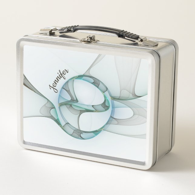 Lunch Box Moderne Abstrait Fractale Bleu Turquoise Gris Nom (Devant)