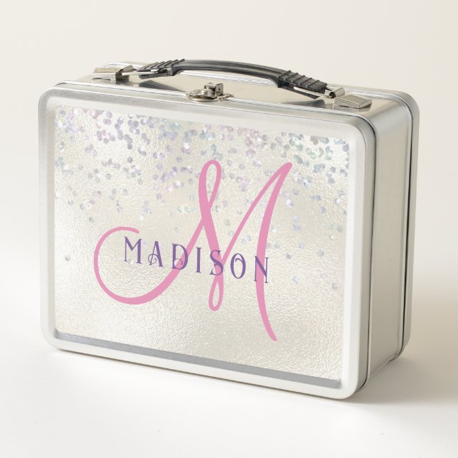 Lunch Box Monogram Pink Script Girl's Silver Pearl Glitter (Devant)