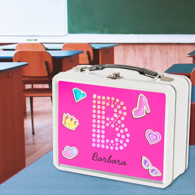 Lunch Box Monogramme B Lettre Rose Chaud Fille Retour À l'Éc (Front)