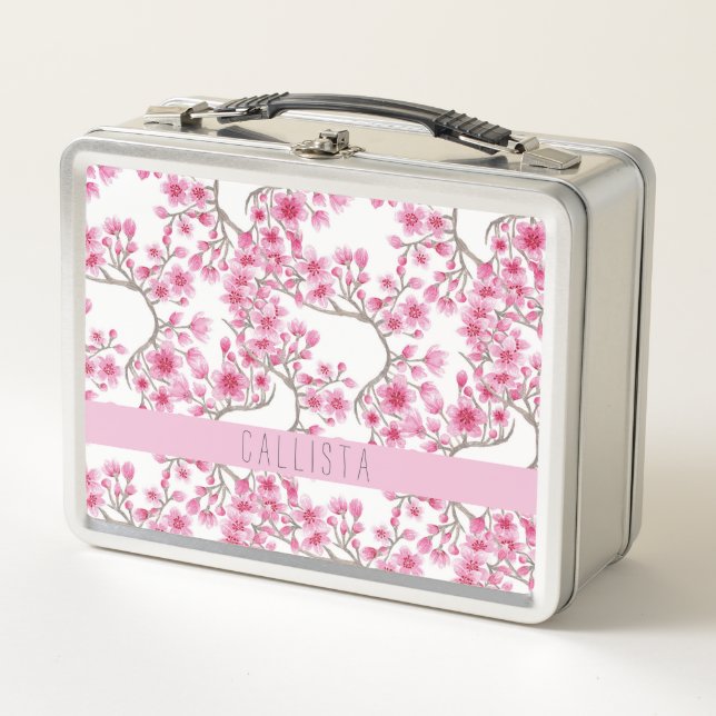 Lunch Box Monogramme d'aquarelle florale de fleurs de cerisi (Devant)