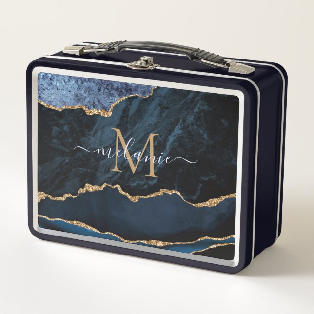 Lunch Box Monogramme de marbre en pierre de taille bleu mari (Devant)