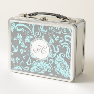 Lunch Box Monogramme de motifs floraux Vintages gris bleu Bo
