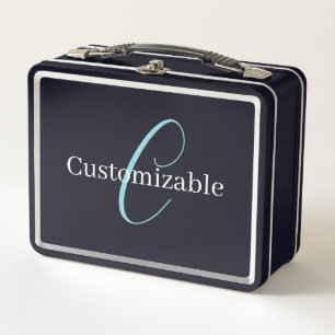 Lunch Box Monogramme de script cursif éditable Noir Bleu Bla