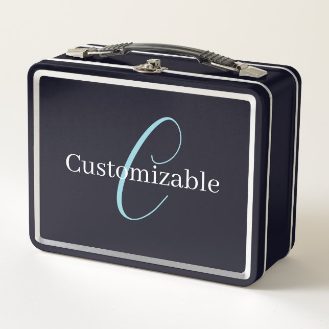 Lunch Box Monogramme de script cursif éditable Noir Bleu Bla (Devant)