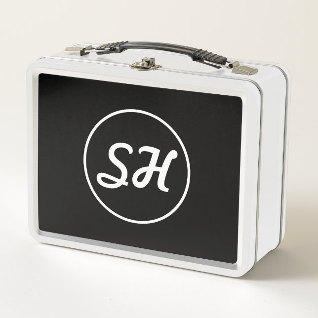 Lunch Box Monogramme de style rétro-moderne cool | Noir et b (Devant)