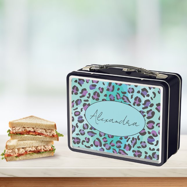 Lunch Box Monogramme Empreinte de léopard bleu et violet rét (Créateur téléchargé)