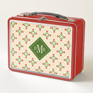 Lunch Box Monogramme   Floral Rose & Green Quilt Art folklor