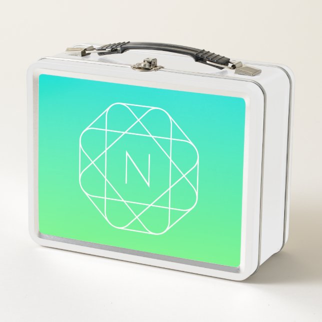 Lunch Box Monogramme géométrique cool | Dégradé bleu et vert (Devant)