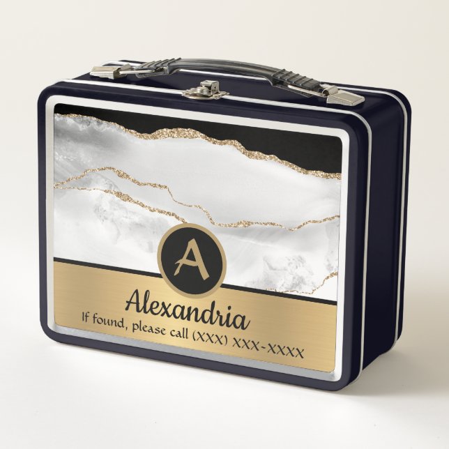 Lunch Box Monogramme Gold Custom Noir et blanc Luxe Chic (Devant)