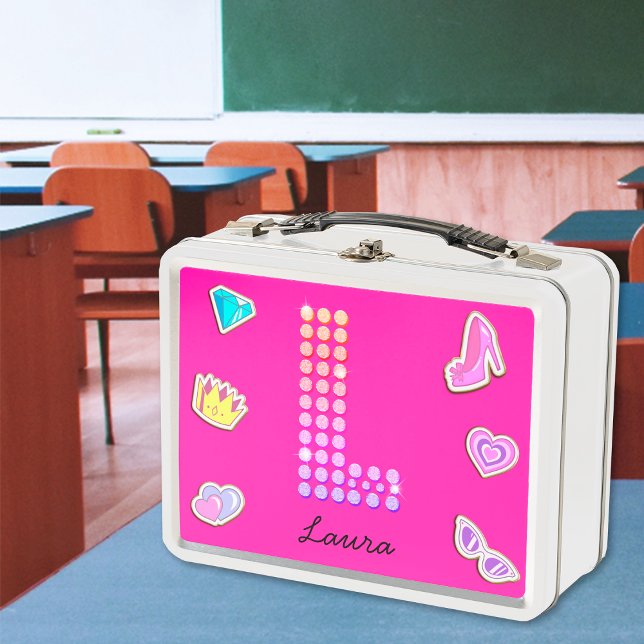 Lunch Box Monogramme L Lettre Rose Chaud Fille Retour À l'Éc (Front)