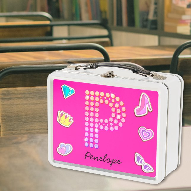 Lunch Box Monogramme P Lettre Rose Chaud Fille Retour À l'Éc (Front)