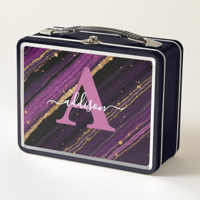 Lunch Box Monogramme Pailleté Or Violet Moderne Élégant en A (Devant)
