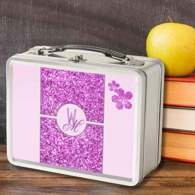 Lunch Box Monogramme pailleté rose avec Fleurs (Créateur téléchargé)