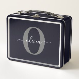 Lunch Box Monogramme personnalisé Nom de script noir blanc g