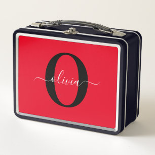 Lunch Box Monogramme personnalisé Nom du script Rouge Noir B