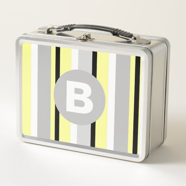 Lunch Box Monogramme rayé jaune et gris élégant (Devant)