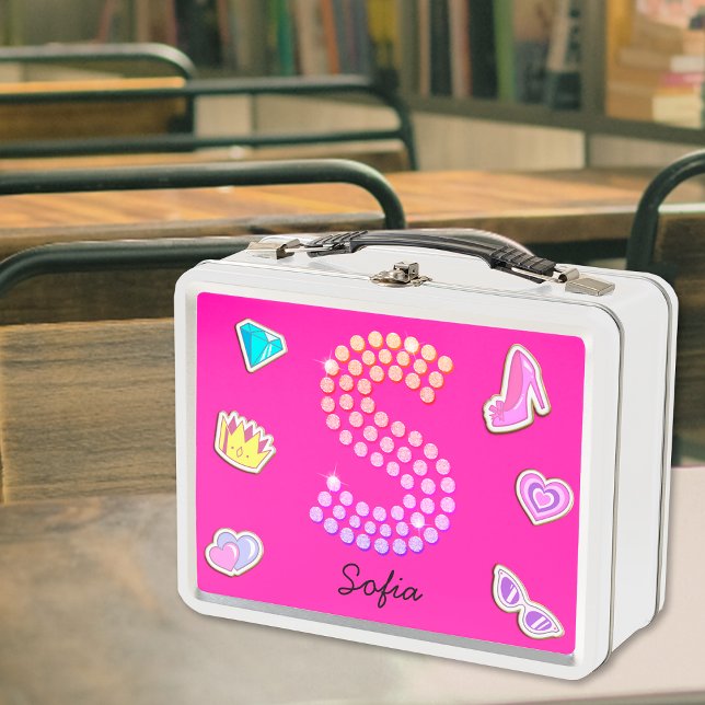 Lunch Box Monogramme S Lettre Rose Chaud Fille Retour À l'Éc (Front)